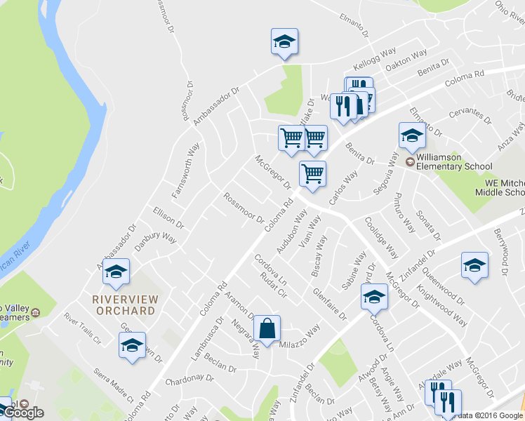 map of restaurants, bars, coffee shops, grocery stores, and more near 2140 Pantages Circle in Rancho Cordova