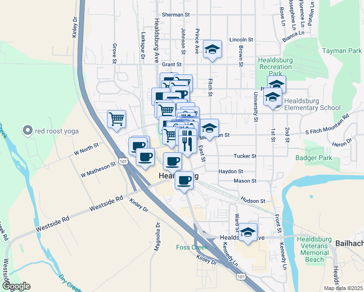 map of restaurants, bars, coffee shops, grocery stores, and more near in Healdsburg