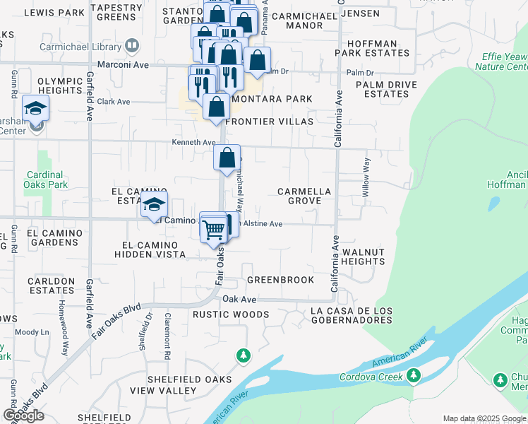 map of restaurants, bars, coffee shops, grocery stores, and more near 6001 Van Alstine Avenue in Carmichael