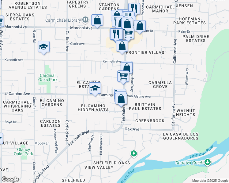 map of restaurants, bars, coffee shops, grocery stores, and more near 5755 El Camino Avenue in Carmichael