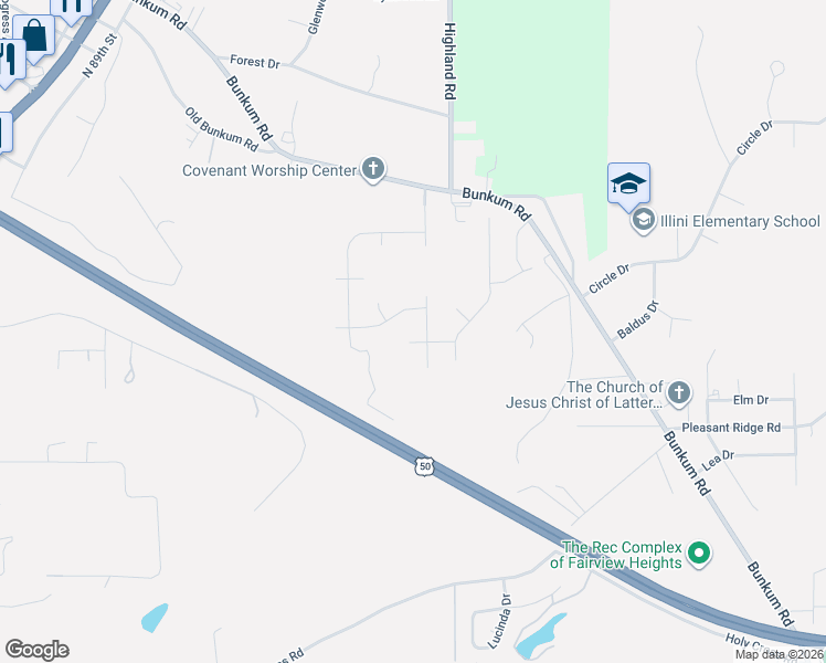 map of restaurants, bars, coffee shops, grocery stores, and more near 9114 Birchwood Court in Fairview Heights