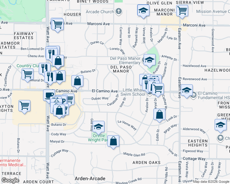 map of restaurants, bars, coffee shops, grocery stores, and more near 3836 Dubac Way in Sacramento