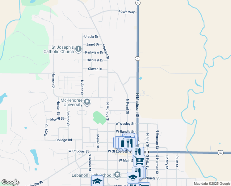 map of restaurants, bars, coffee shops, grocery stores, and more near 700 Leann Drive in Lebanon