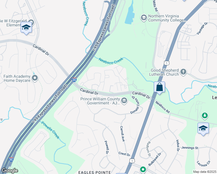 map of restaurants, bars, coffee shops, grocery stores, and more near 15764 Silent Tree Place in Woodbridge