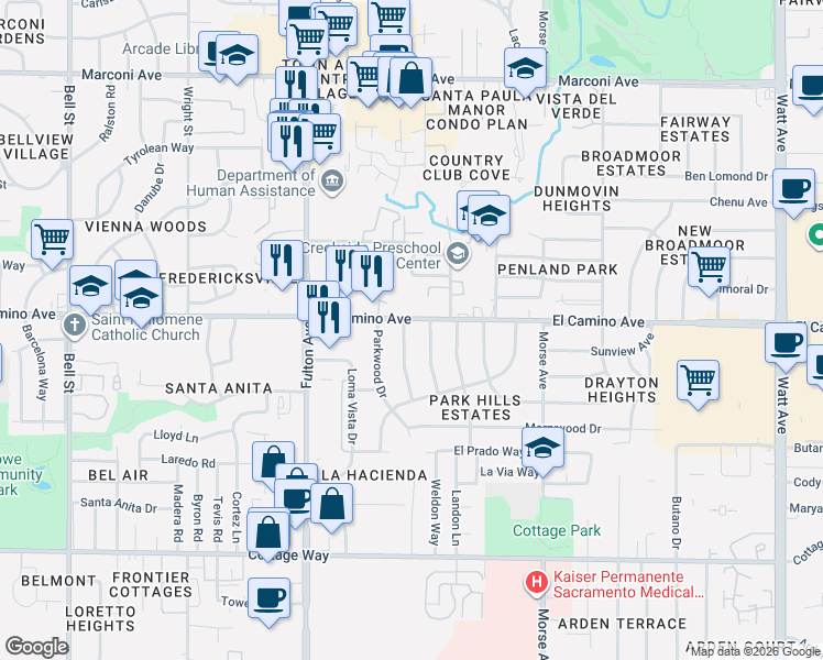 map of restaurants, bars, coffee shops, grocery stores, and more near 2443 Sandringham Road in Sacramento