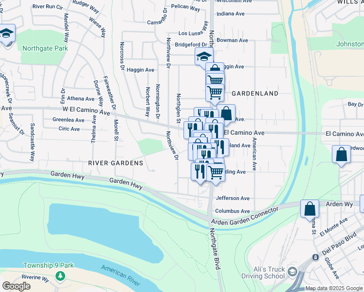 map of restaurants, bars, coffee shops, grocery stores, and more near 2369 Northgate Boulevard in Sacramento
