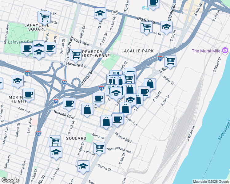 map of restaurants, bars, coffee shops, grocery stores, and more near 1718 South 8th Street in St. Louis