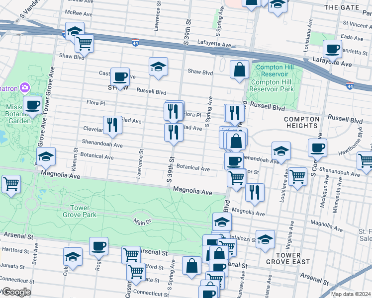 map of restaurants, bars, coffee shops, grocery stores, and more near 3824 Shenandoah Avenue in St. Louis