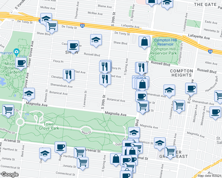 map of restaurants, bars, coffee shops, grocery stores, and more near 3824 Shenandoah Avenue in St. Louis