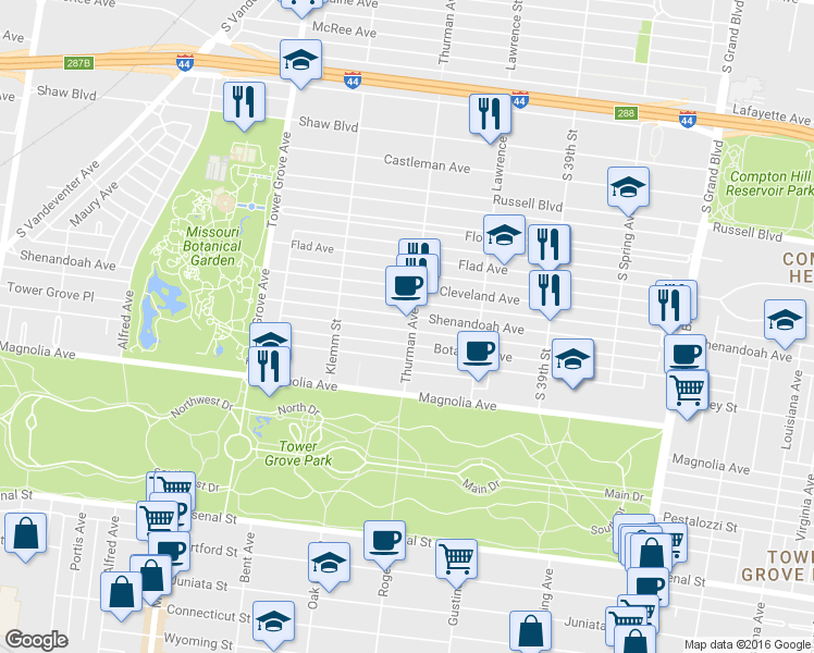 map of restaurants, bars, coffee shops, grocery stores, and more near 4109 Botanical Avenue in St. Louis