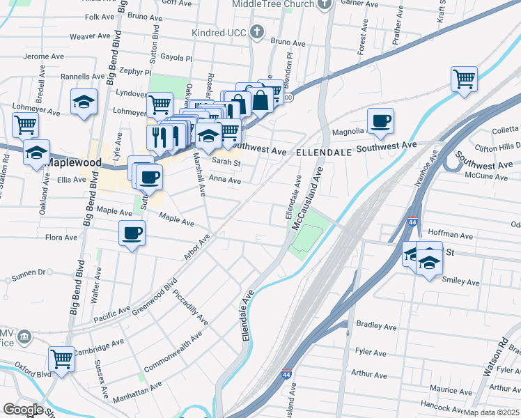 map of restaurants, bars, coffee shops, grocery stores, and more near 7229 Arsenal Street in St. Louis
