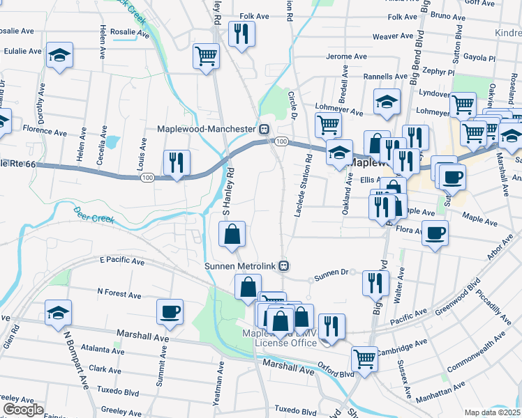 map of restaurants, bars, coffee shops, grocery stores, and more near 2900 Bartold Avenue in Maplewood