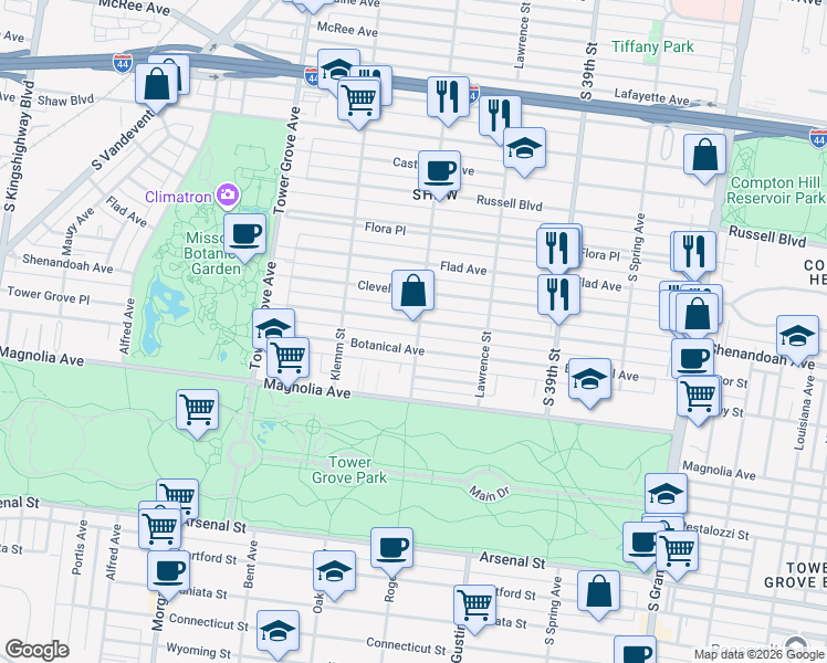 map of restaurants, bars, coffee shops, grocery stores, and more near 4109 Botanical Avenue in St. Louis