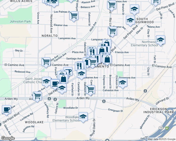map of restaurants, bars, coffee shops, grocery stores, and more near Del Paso Blvd & Darina Ave in Sacramento
