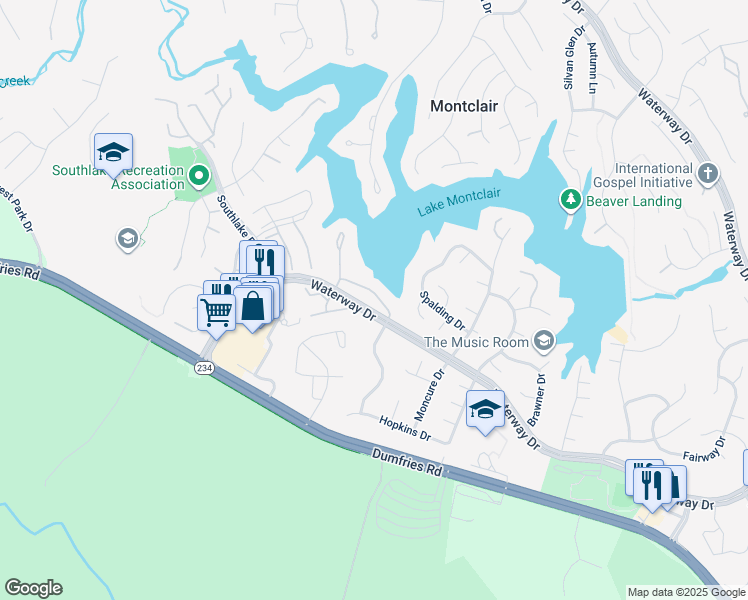map of restaurants, bars, coffee shops, grocery stores, and more near 15640 Montview Drive in Dumfries