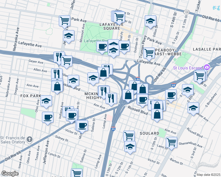 map of restaurants, bars, coffee shops, grocery stores, and more near 1914 Allen Avenue in St. Louis