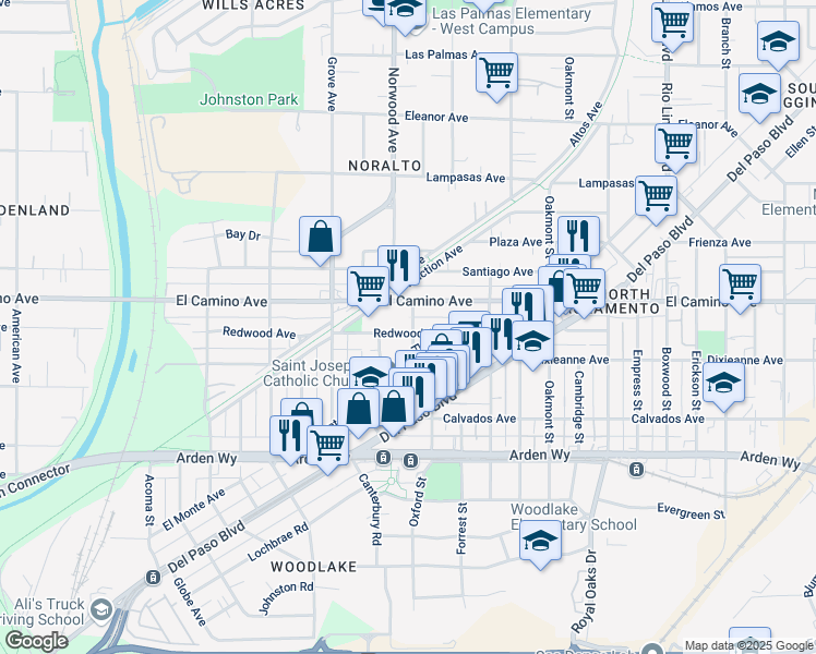map of restaurants, bars, coffee shops, grocery stores, and more near 495 Redwood Avenue in Sacramento