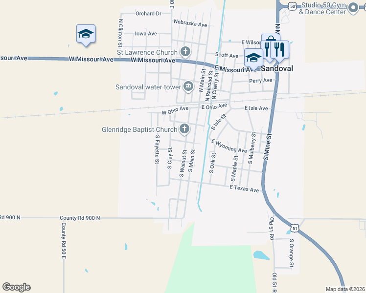 map of restaurants, bars, coffee shops, grocery stores, and more near 301 South Walnut Street in Sandoval