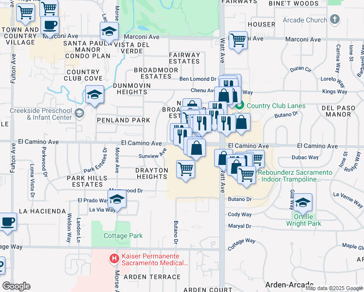 map of restaurants, bars, coffee shops, grocery stores, and more near 3328 El Camino Avenue in Sacramento