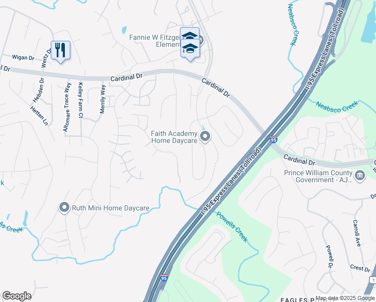 map of restaurants, bars, coffee shops, grocery stores, and more near 3332 Soaring Circle in Woodbridge