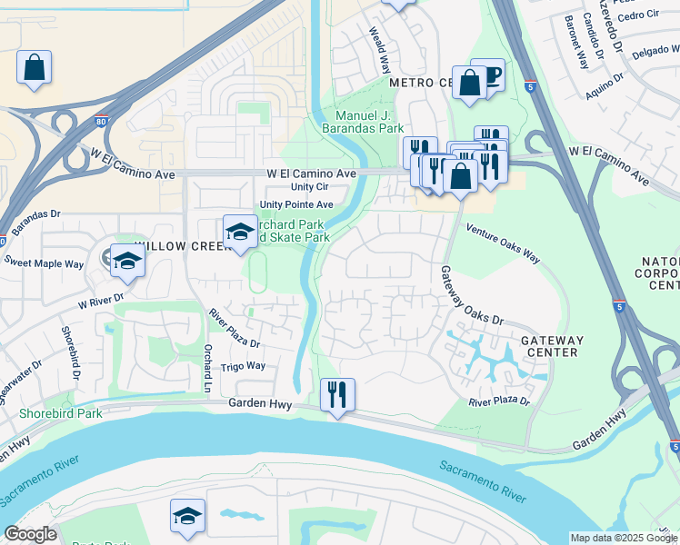 map of restaurants, bars, coffee shops, grocery stores, and more near 2645 Burnaby Way in Sacramento