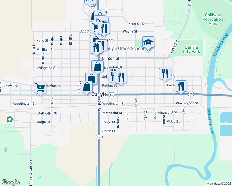 map of restaurants, bars, coffee shops, grocery stores, and more near 1011 Franklin Street in Carlyle