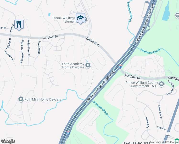 map of restaurants, bars, coffee shops, grocery stores, and more near 3424 Soaring Circle in Woodbridge