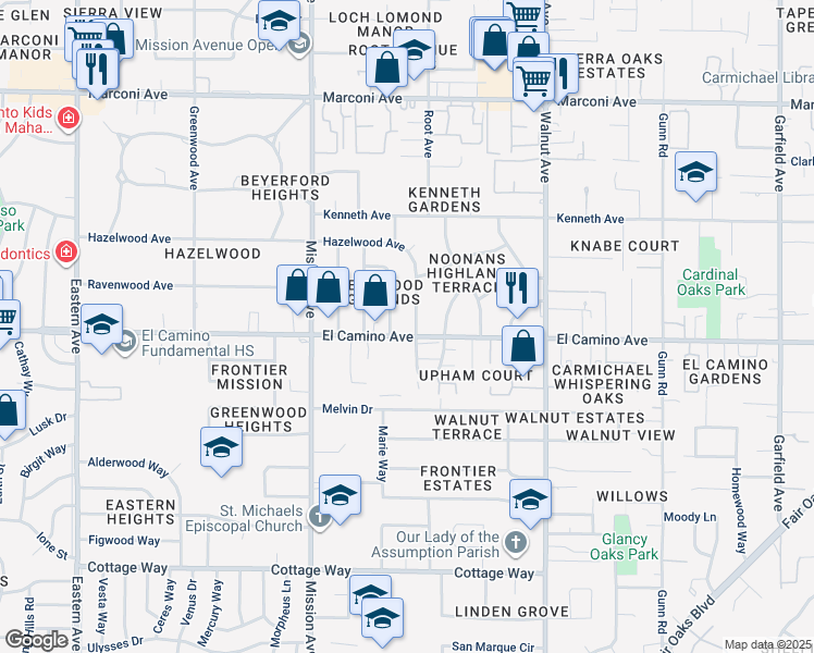 map of restaurants, bars, coffee shops, grocery stores, and more near 2302 Via Camino Avenue in Carmichael