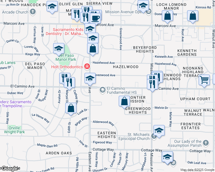 map of restaurants, bars, coffee shops, grocery stores, and more near 4401 El Camino Avenue in Sacramento