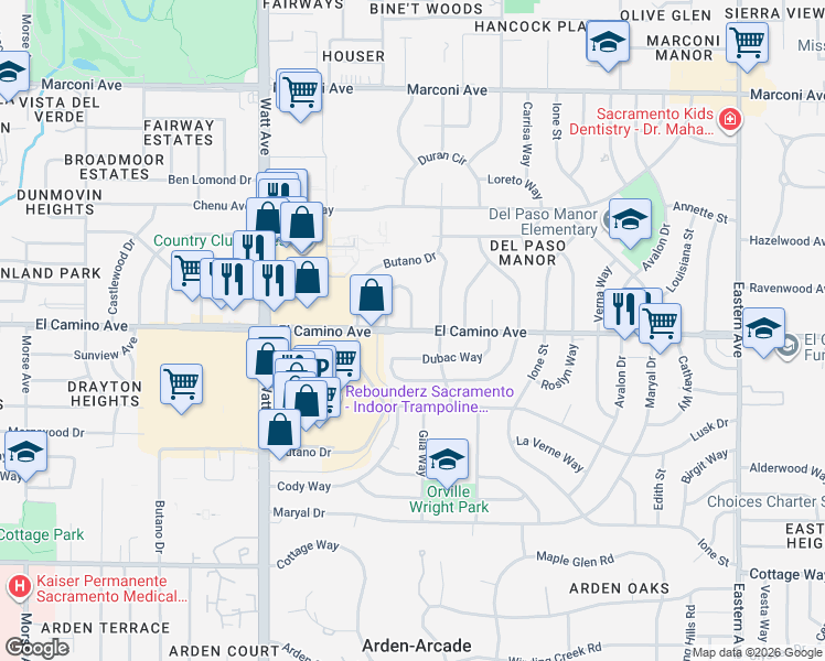map of restaurants, bars, coffee shops, grocery stores, and more near 3726 El Camino Avenue in Sacramento