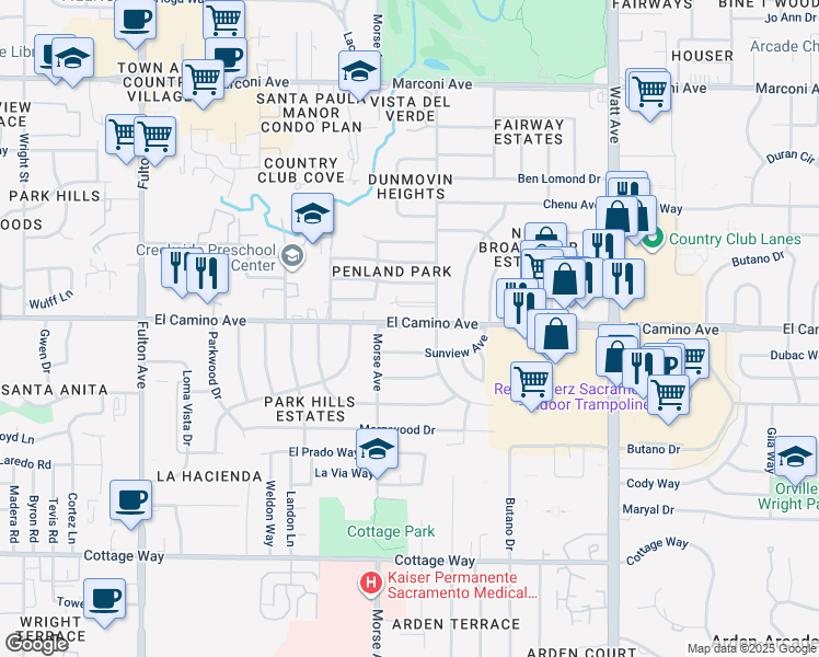 map of restaurants, bars, coffee shops, grocery stores, and more near 3121 Sunview Avenue in Sacramento