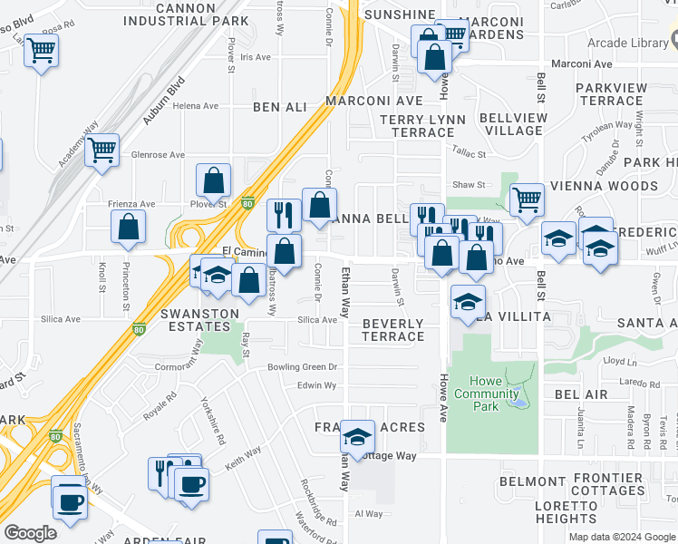 map of restaurants, bars, coffee shops, grocery stores, and more near 2425 Ethan Way in Sacramento
