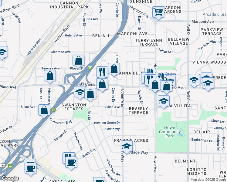 map of restaurants, bars, coffee shops, grocery stores, and more near 2437 Connie Drive in Sacramento