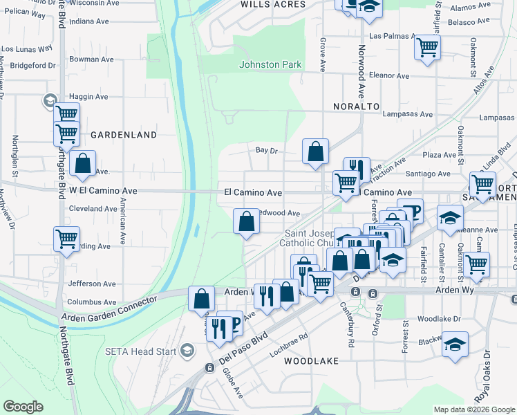 map of restaurants, bars, coffee shops, grocery stores, and more near 110 Redwood Avenue in Sacramento