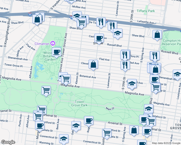 map of restaurants, bars, coffee shops, grocery stores, and more near 4109 Botanical Avenue in St. Louis