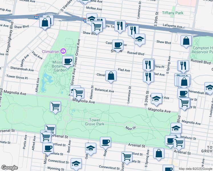 map of restaurants, bars, coffee shops, grocery stores, and more near 4109 Botanical Avenue in St. Louis