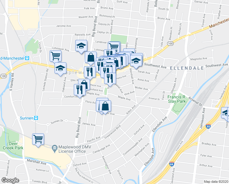 map of restaurants, bars, coffee shops, grocery stores, and more near 7386 Maple Avenue in Maplewood