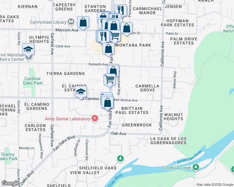 map of restaurants, bars, coffee shops, grocery stores, and more near 2519 Carmichael Way in Carmichael