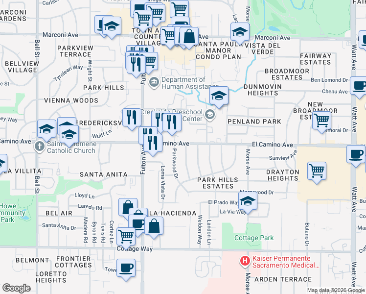 map of restaurants, bars, coffee shops, grocery stores, and more near 2443 Sandringham Road in Sacramento