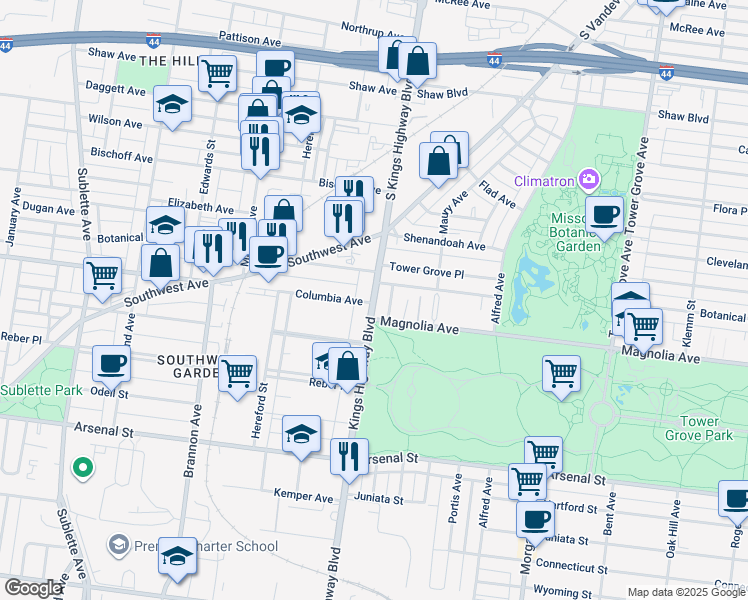 map of restaurants, bars, coffee shops, grocery stores, and more near 2624 South Kingshighway Boulevard in Saint Louis