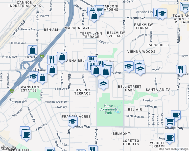 map of restaurants, bars, coffee shops, grocery stores, and more near 2160 El Camino Avenue in Sacramento