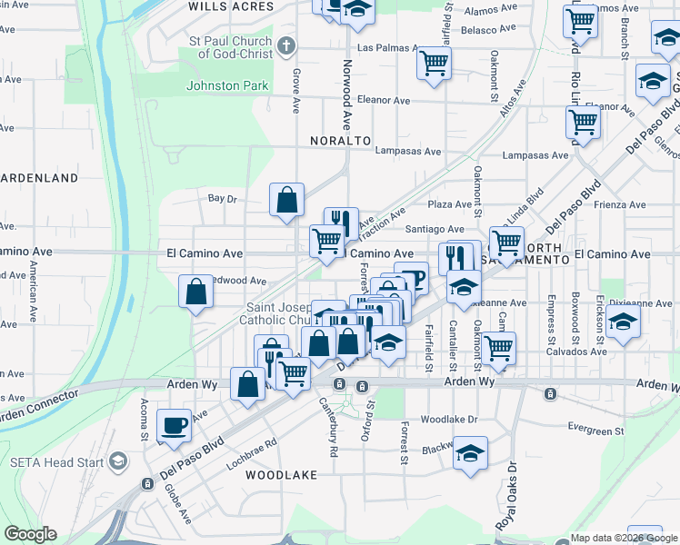 map of restaurants, bars, coffee shops, grocery stores, and more near 374 Redwood Avenue in Sacramento