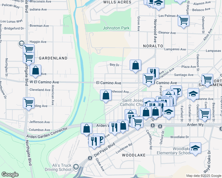 map of restaurants, bars, coffee shops, grocery stores, and more near 110 Redwood Avenue in Sacramento
