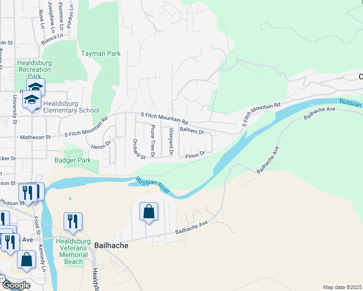 map of restaurants, bars, coffee shops, grocery stores, and more near 224 Orangewood Drive in Healdsburg