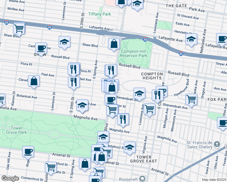 map of restaurants, bars, coffee shops, grocery stores, and more near 2232 South Grand Boulevard in St. Louis