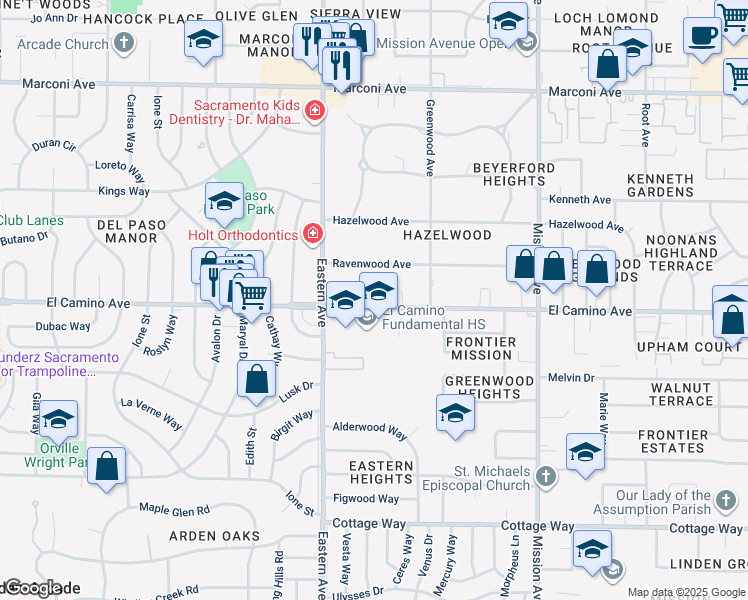 map of restaurants, bars, coffee shops, grocery stores, and more near 4401 El Camino Avenue in Sacramento