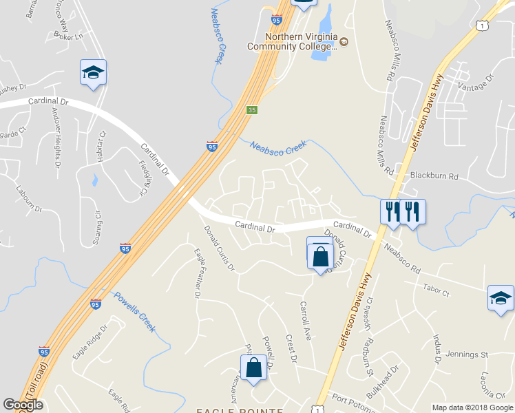 map of restaurants, bars, coffee shops, grocery stores, and more near 15790 Barcelona Court in Woodbridge