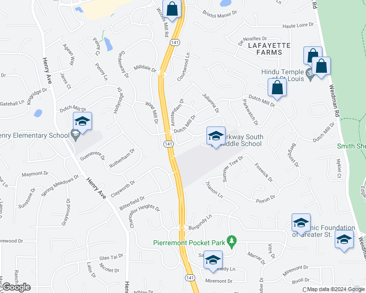 map of restaurants, bars, coffee shops, grocery stores, and more near 1010 Van Loon Drive in Ballwin