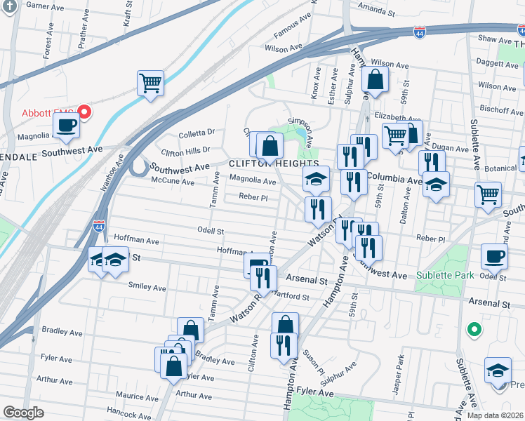 map of restaurants, bars, coffee shops, grocery stores, and more near 6232 Marmaduke Avenue in St. Louis