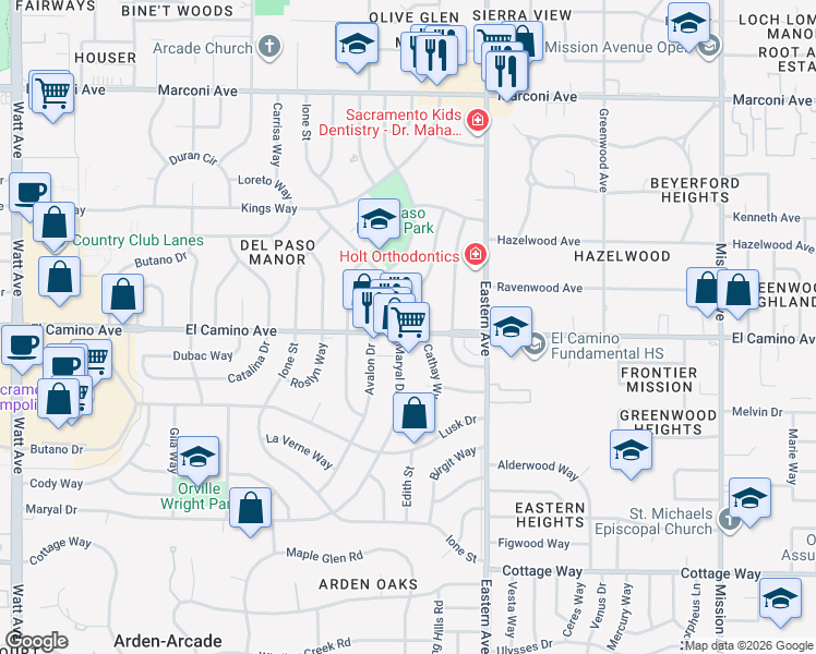 map of restaurants, bars, coffee shops, grocery stores, and more near 4120 El Camino Avenue in Sacramento